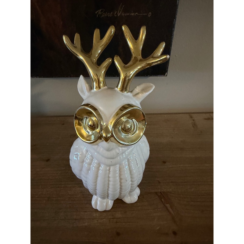 HD Designs Ceramic Owl Figurine with Gold Antlers White and Gold Home Decor